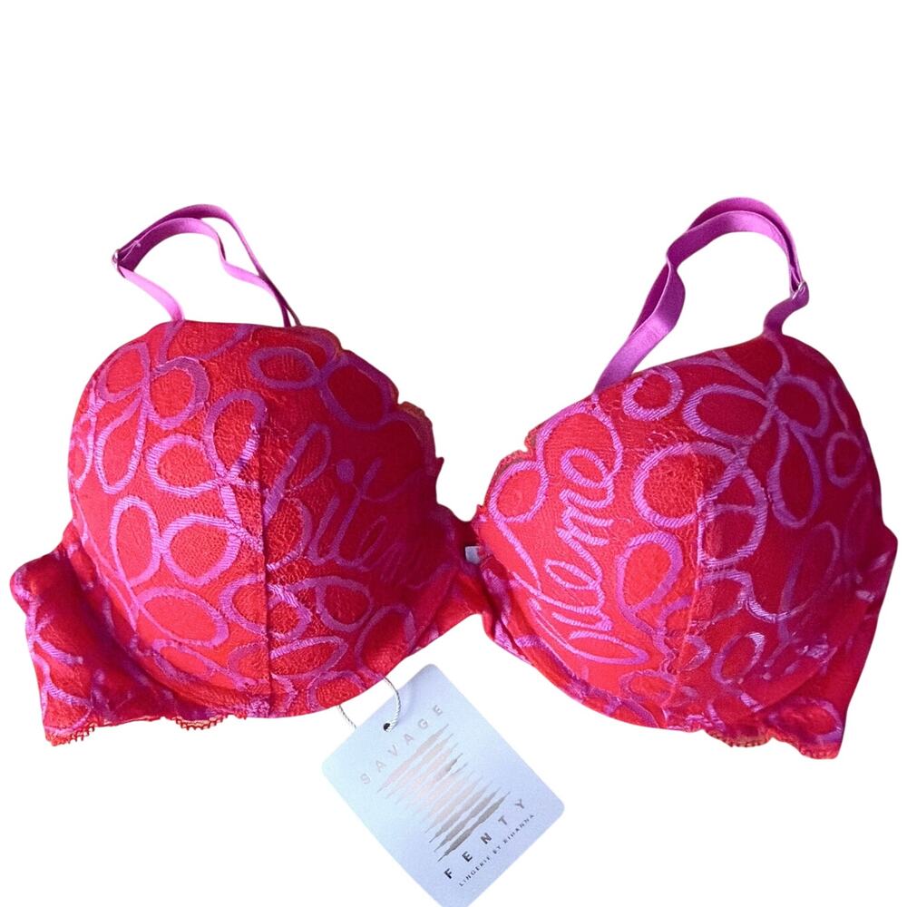 NWT, Savage X Fenty, 34 C, Red & Pink Lace Push-Up Bra, "Bite Me", Valentine's